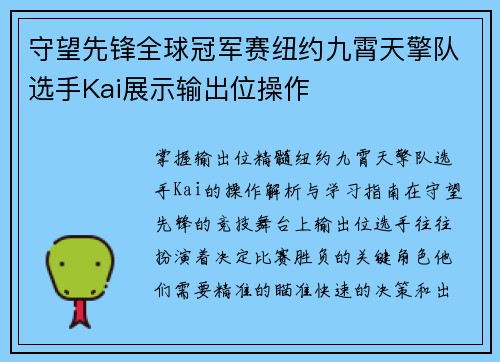 守望先锋全球冠军赛纽约九霄天擎队选手Kai展示输出位操作