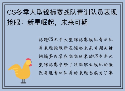 CS冬季大型锦标赛战队青训队员表现抢眼：新星崛起，未来可期